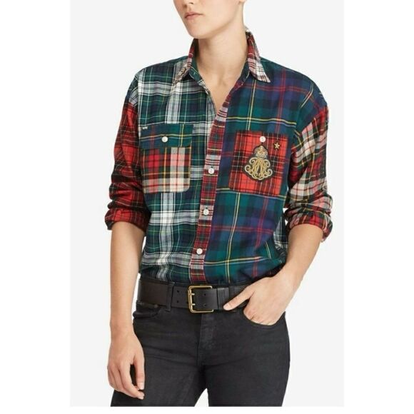 Polo Ralph Lauren Patchwork flannel crest emblem button up shirt  Size S/ NWOT - Picture 1 of 8